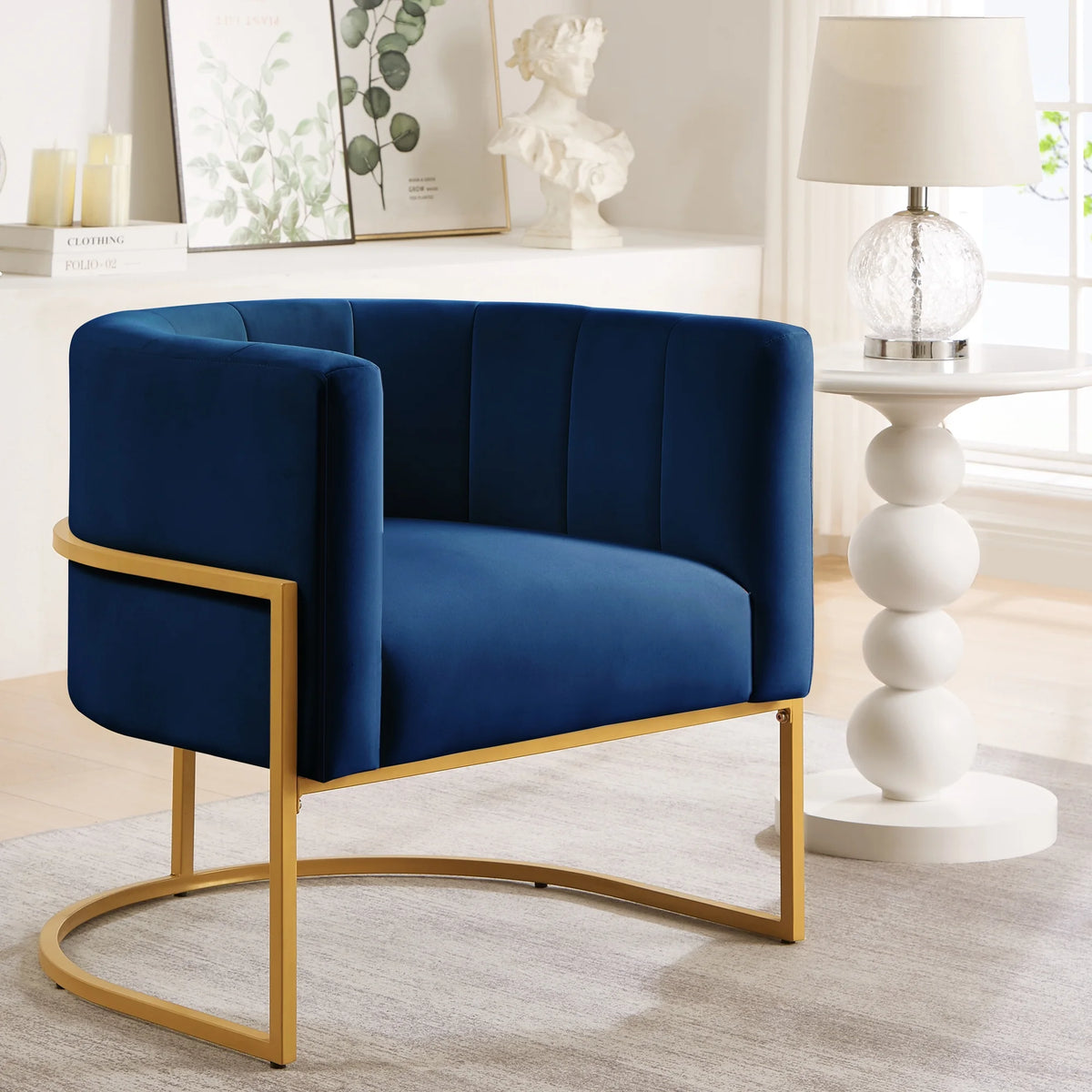 Navy Blue Velvet Armchair with Gold Metal Base B956